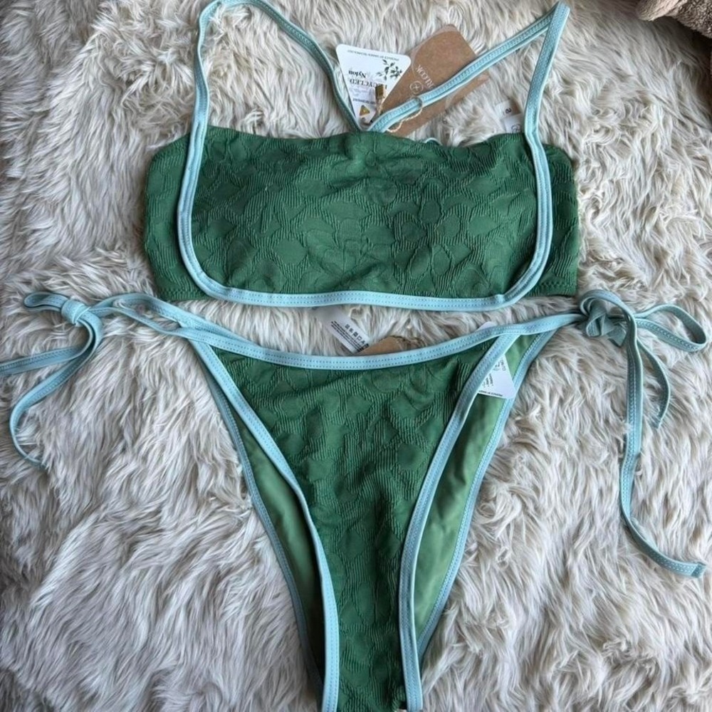 Berlook Floral Jacquard X Cross Bikini Dark Green Blue SMALL NWT - Picture 2 of 7